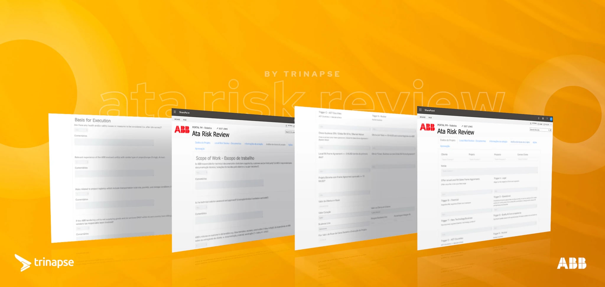 Atas de análise de risco em SharePoint Online Telas da solução de análise de risco da ABB, desenvolvida em SharePoint Online