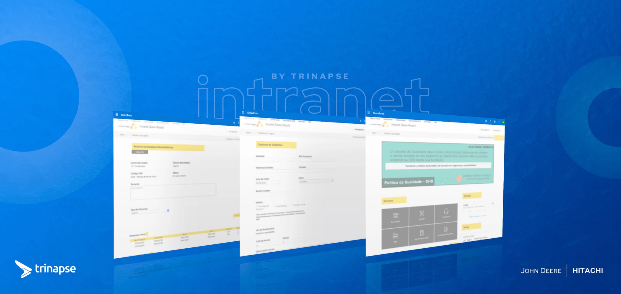 Telas da intranet da Deere-Hitachi Brasil, desenvolvida em SharePoint Online