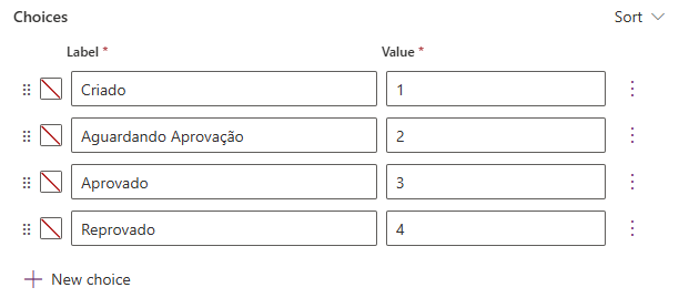Opções da Coluna no Dataverse — Option Set (conjunto de opções) (imagem 1 de 3)