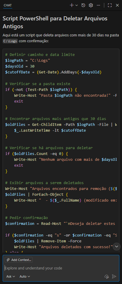 Prompt do GitHub Copilot no VScode — Exemplo 2 — Automação de limpeza de logs (imagem 2 de 3)