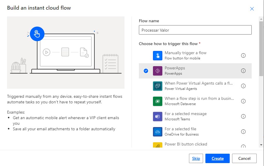 Como chamar um fluxo no Power Apps e obter a resposta — Crie um fluxo do Power Automate (imagem 1 de 6)