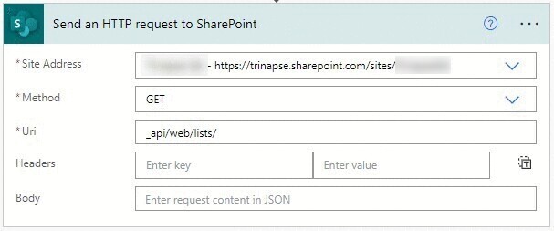 Power Automate: obtenha informações dinâmicas do SharePoint — Obtendo todas as listas em um site (imagem 1 de 5)