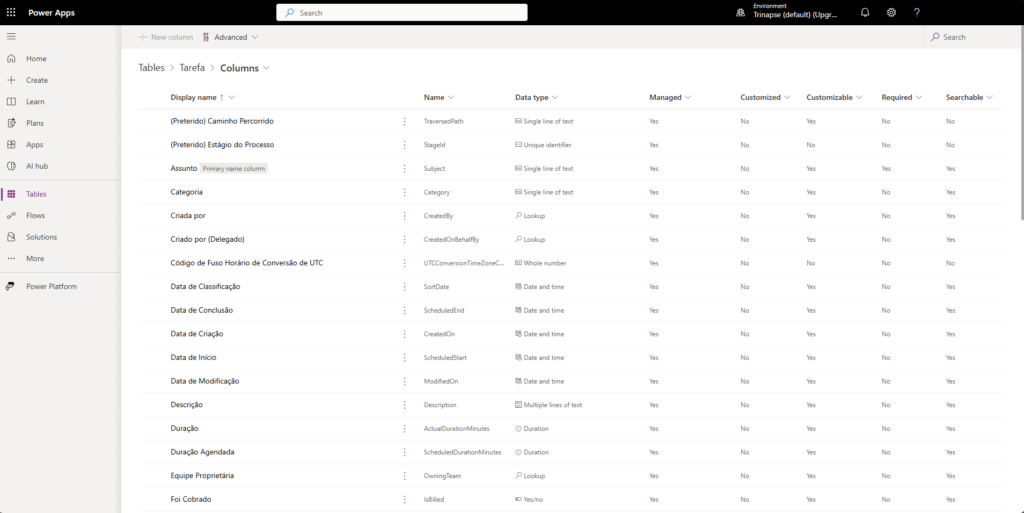 Tela do Dataverse no Power Apps mostrando as colunas da tabela Tarefa utilizadas em modelos de dados integrados ao Power BI.