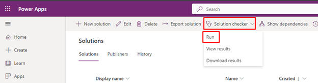 Solution Checker no Power Apps Maker Portal — Verificador de solução em execução (imagem 1 de 5)