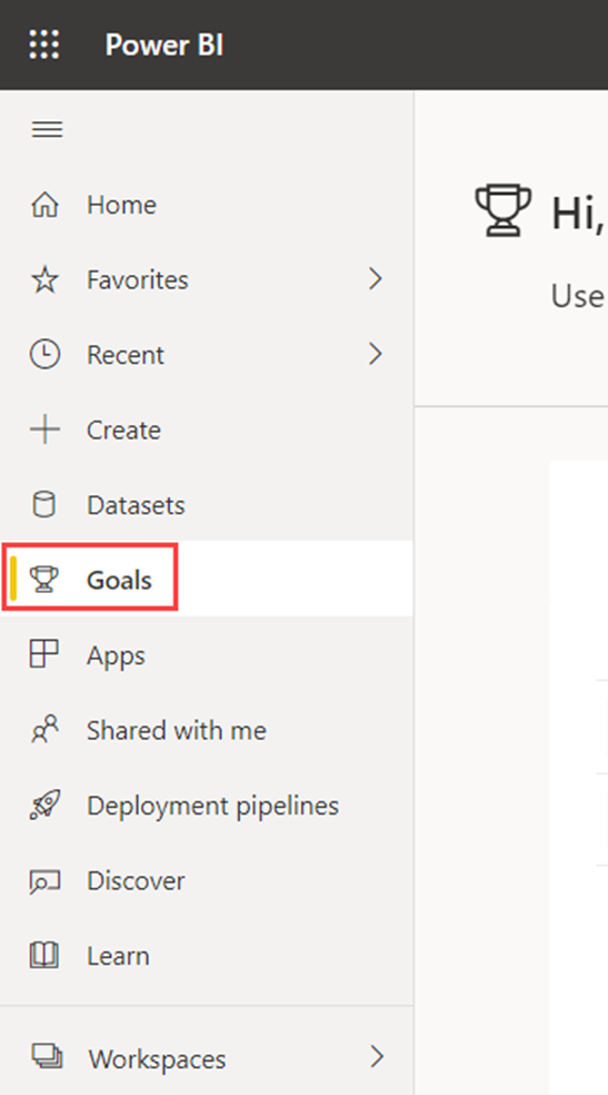 Como criar scorecards e métricas no Microsoft Power BI — Etapa 1: criar um scorecard (imagem 1 de 3)