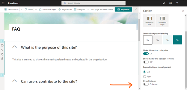 Como criar uma seção de FAQ recolhível no SharePoint — Como personalizar a seção de perguntas frequentes (imagem 1 de 2)