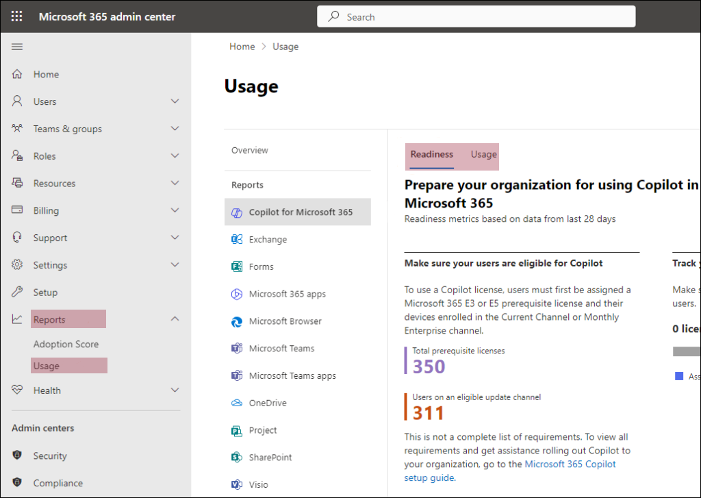 Microsoft 365 admin center — Como obter o Copilot para sua organização? (imagem 1 de 2)