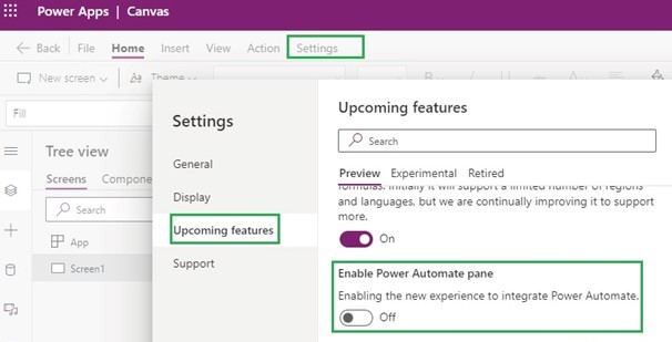 Introdução ao Painel do Power Automate no Power Apps — Habilitando o painel no Power Apps (imagem 1 de 5)