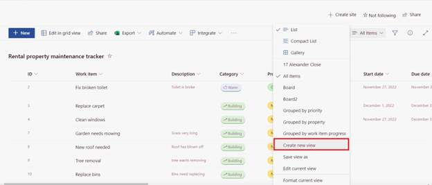 Lista SharePoint Online — Como criar uma visualização de quadro (imagem 1 de 2)