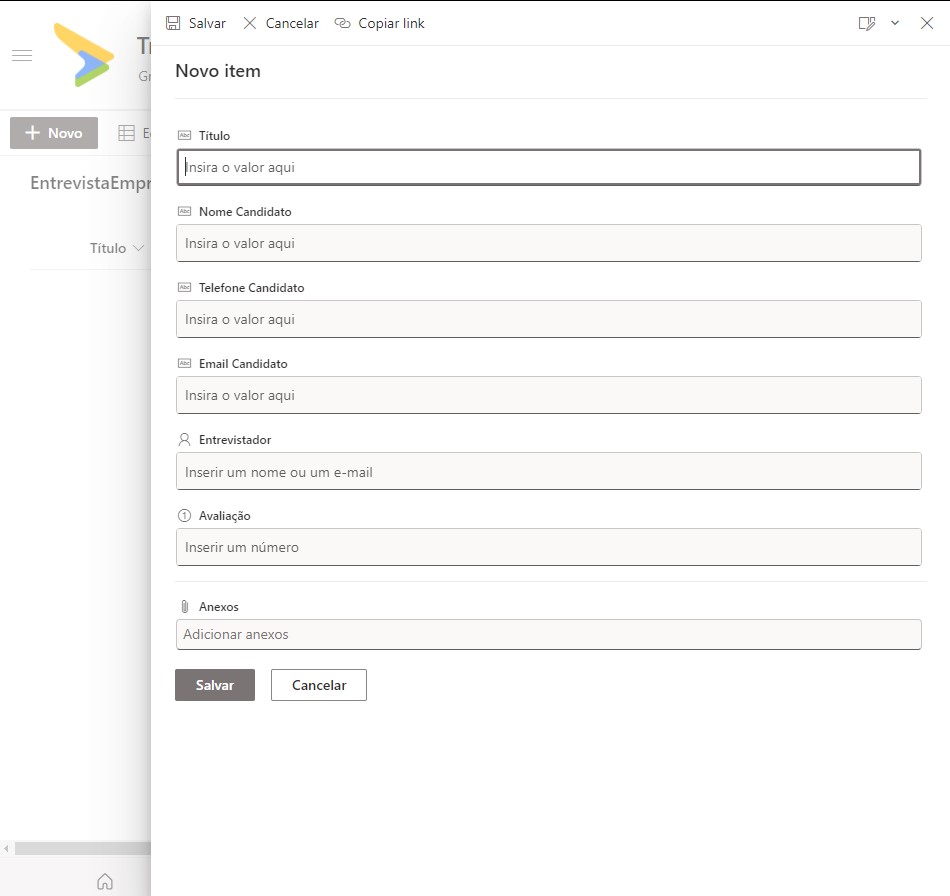 Formulário SharePoint — Configure a lista do SharePoint (imagem 1 de 2)