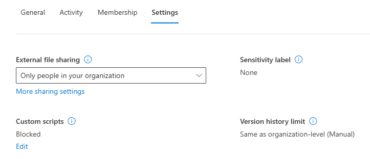 Configurações do SharePoint Admin Center mostrando custom scripts bloqueados em um site na aba de configurações
