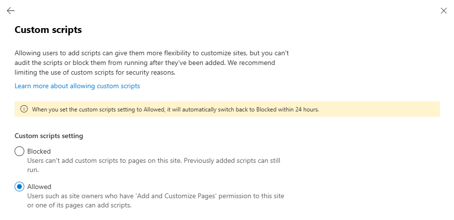 Painel de configuração de custom scripts no SharePoint com opções de permitir ou bloquear scripts e aviso de redefinição automática em 24 horas