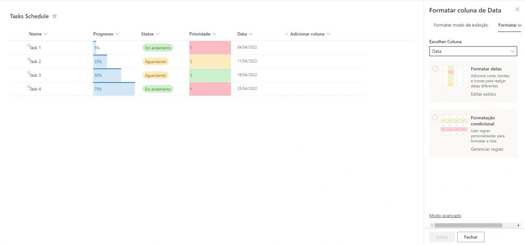 SharePoint Online: guia de formatação de colunas avançado — Modo avançado de colunas
