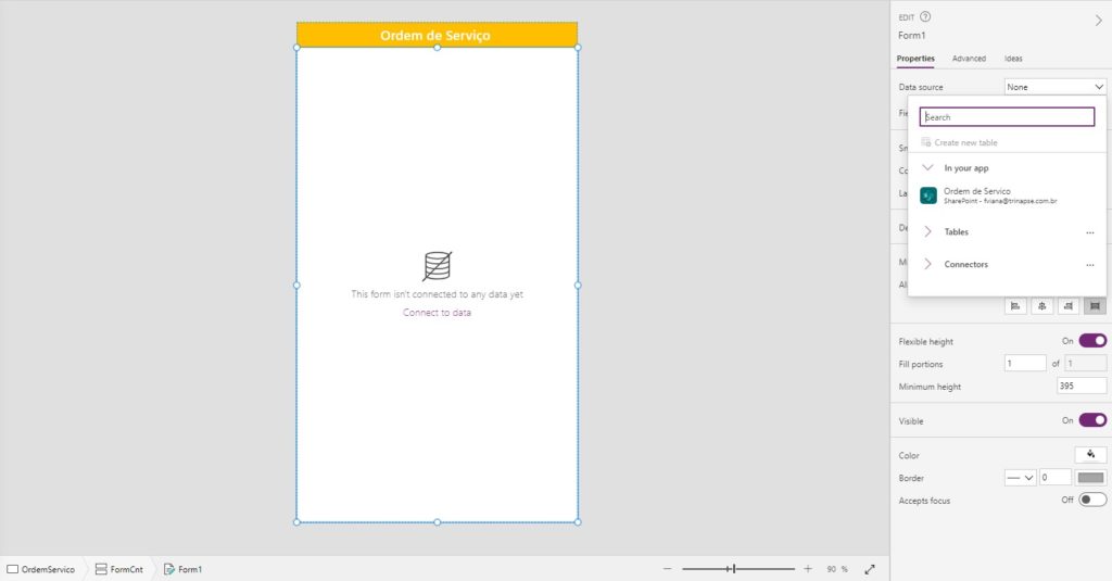Função PDF do Power Apps: criar, visualizar e baixar PDF — Adicionar um formulário do Power Apps ao contêiner vertical (imagem 2 de 3)