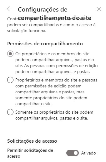Permissões compartilhamento site SharePoint Online