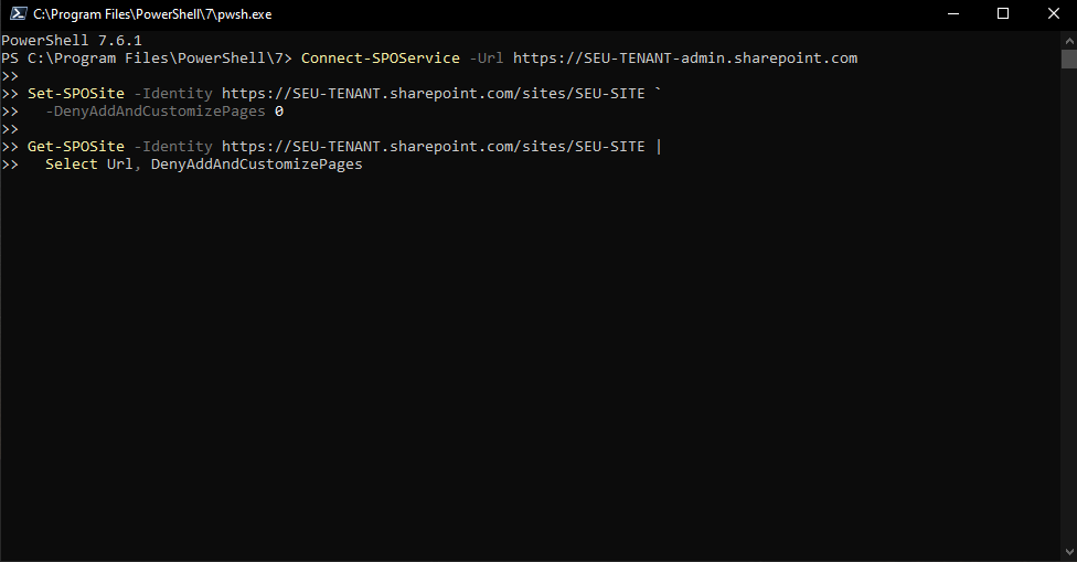 Comando PowerShell habilitando custom script no SharePoint usando Set-SPOSite com DenyAddAndCustomizePages igual a 0