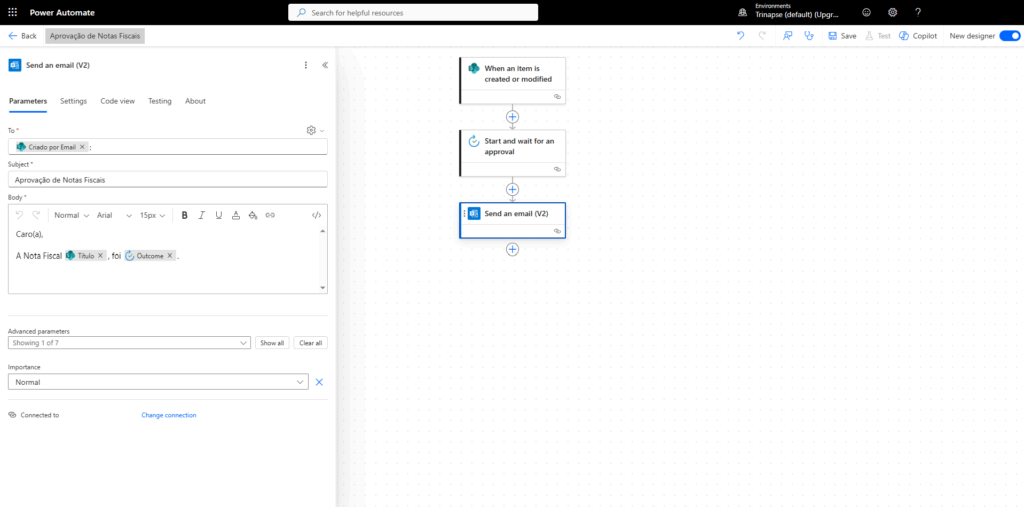 Fluxo do Power Automate com detalhes do conector de notificação por e-mail