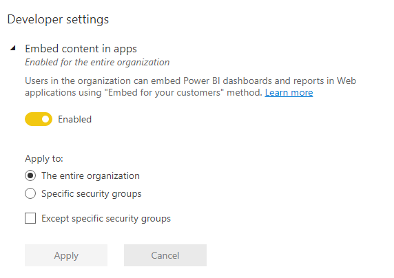 Menu de configurações Pòwer BI — Como habilitar a criação de código incorporado? (imagem 2 de 2)