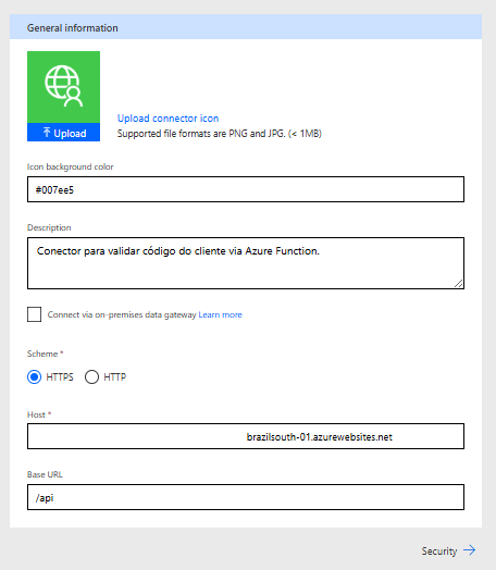 Tela de configuração geral de um Custom Connector no Power Platform, com descrição para validar código do cliente via Azure Function, esquema HTTPS, host configurado e base URL /api.