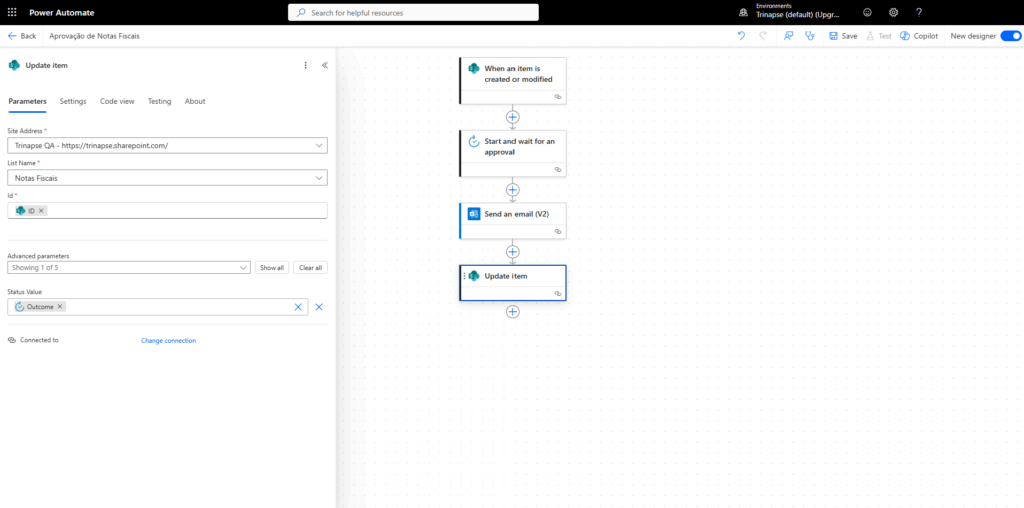 Fluxo do Power Automate com detalhes do conector de atualização do status da Nota Fiscal