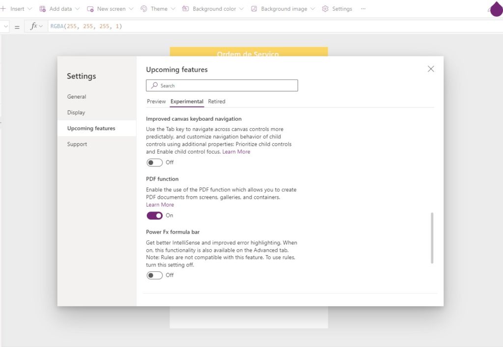 Função PDF do Power Apps: criar, visualizar e baixar PDF — Habilitar o recurso experimental da função PDF do Power Apps