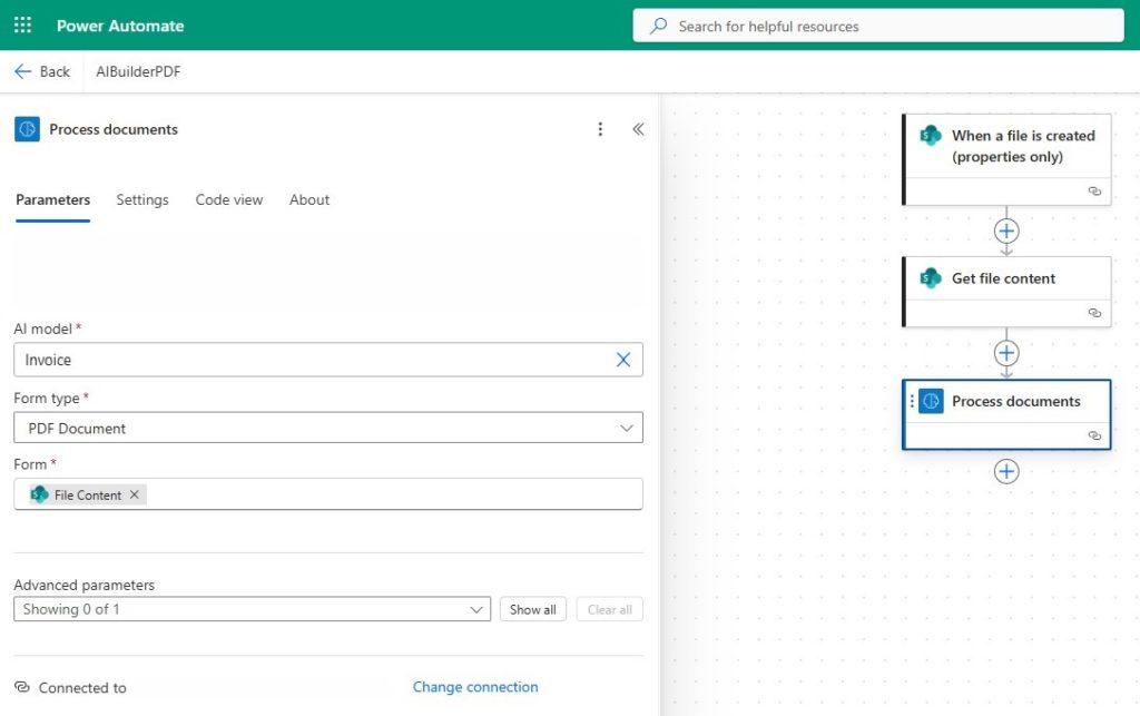 Fluxo do Power Automate com ação de processamento de PDF AIBuilder.