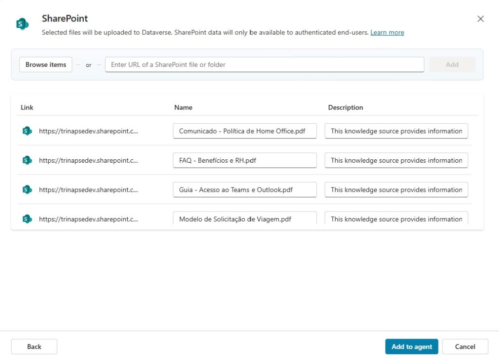 Seleção de documentos do SharePoint para alimentar um agente no Copitlot Studio — 2 — Adicionar o conector “Knowledge Source” (imagem 2 de 2)