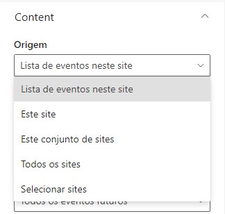 Fonte de dados do SharePoint — Web Part de eventos do SharePoint (imagem 2 de 3)