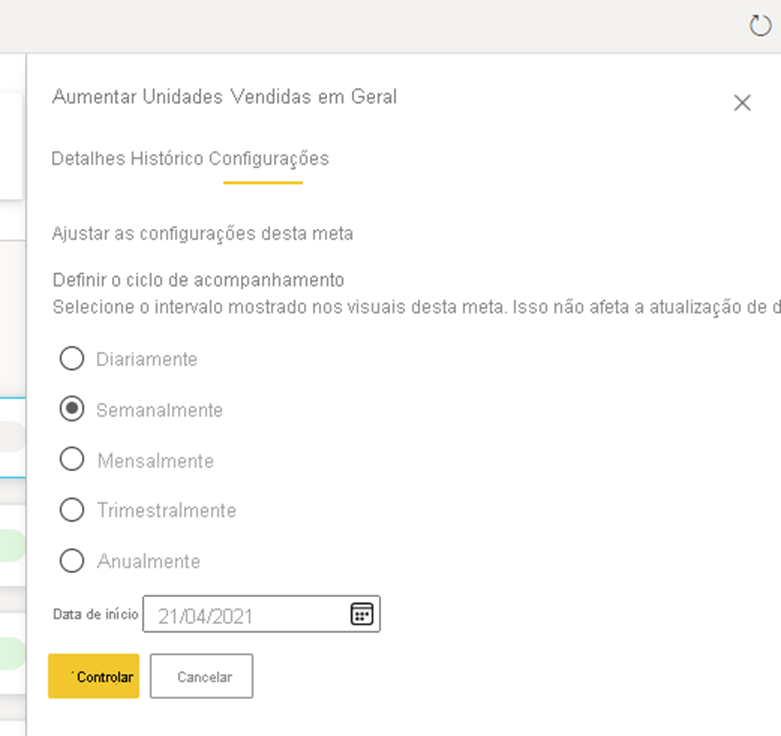 Como criar scorecards e métricas no Microsoft Power BI — Etapa 4: atualizar o ciclo de acompanhamento de métricas