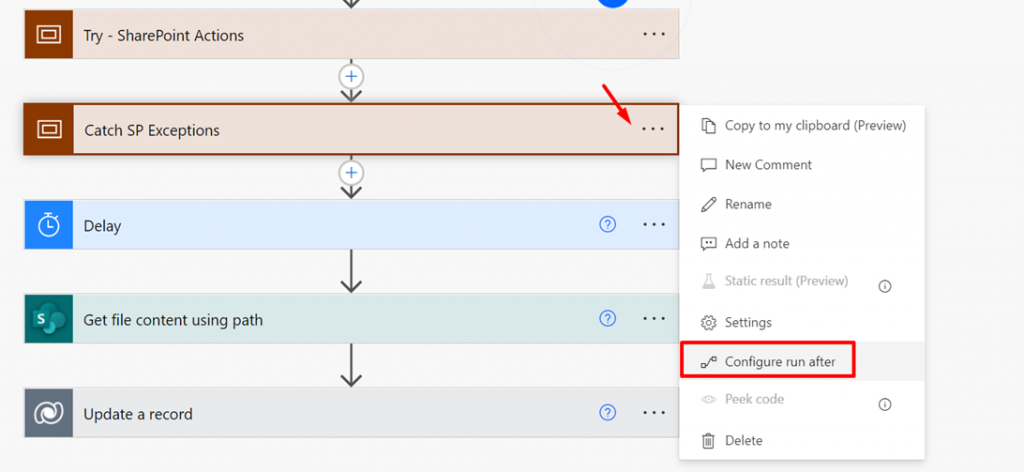 Como utilizar Try Cath usando o escopo no Power Automate — Configurar Executar Depois (imagem 1 de 3)