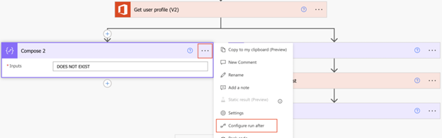 Verifique se o usuário existe no AAD com o Power Automate — Use ‘Executar depois’ após a ação ‘Obter perfil de usuário’ (imagem 2 de 3)