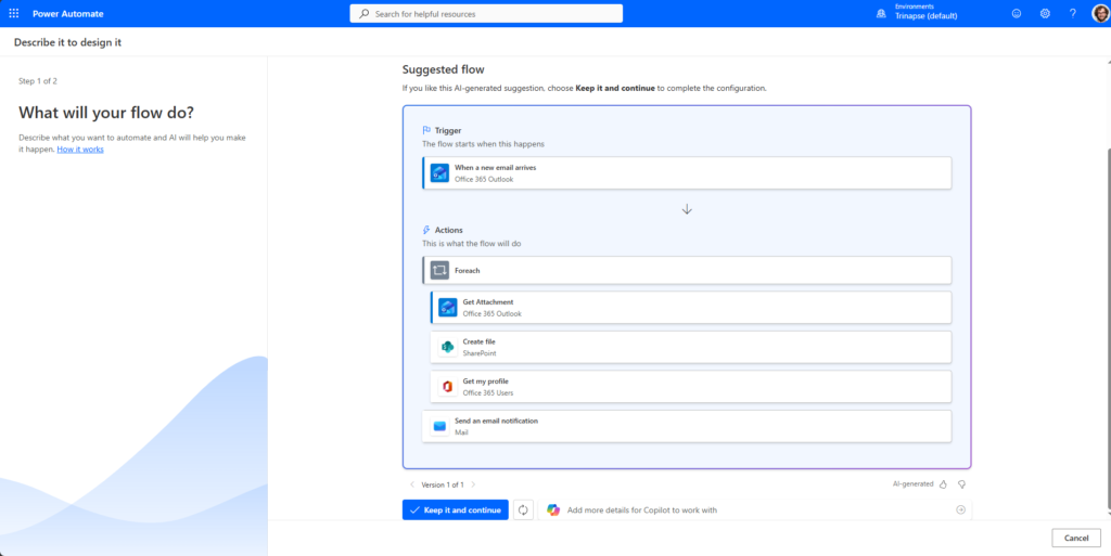 Fluxo sugerido no Power Automate com gatilho de novo e-mail e ações para obter anexos, salvar no SharePoint e enviar notificação.