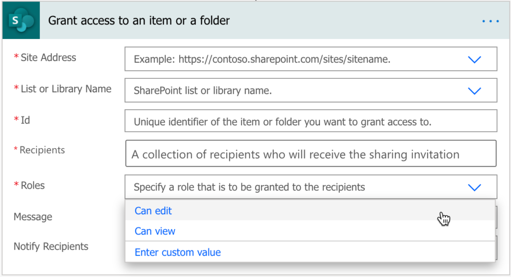 Conector SharePoint no Power Automate — Escolhendo a função de permissão correta (imagem 1 de 4)