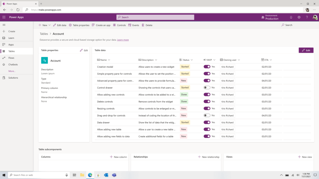 Lista de tabelas no Microsoft Dataverse no Power Apps.
