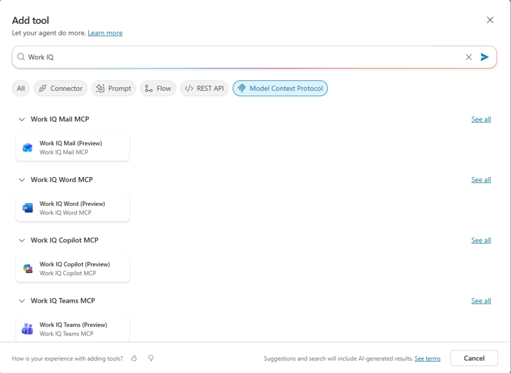 Tela “Add tool” de uma interface de criação de agente, com a busca por “Work IQ” e o filtro “Model Context Protocol” selecionado. A lista exibe conectores MCP disponíveis em prévia para Work IQ Mail, Work IQ Word, Work IQ Copilot e Work IQ Teams.