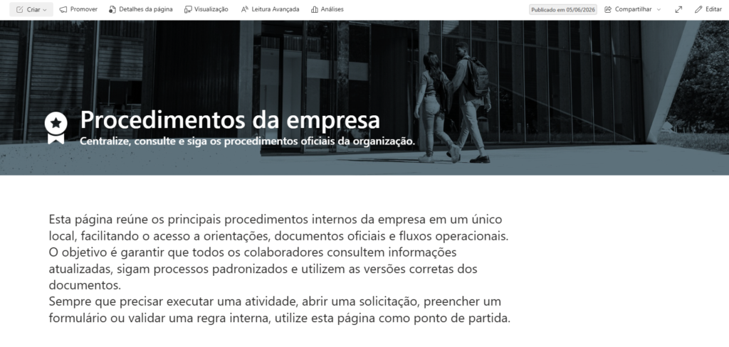 Página moderna do SharePoint chamada “Procedimentos da empresa”, com banner, título e texto introdutório sobre consulta a procedimentos oficiais.