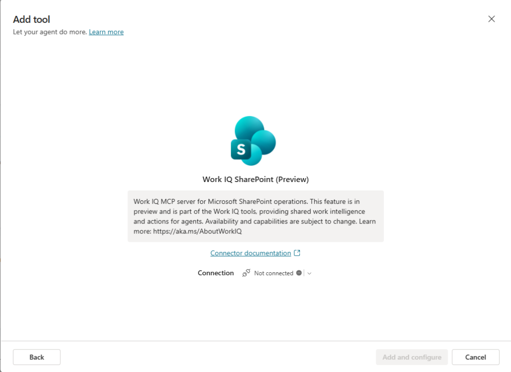 Tela do Copilot Studio para adicionar a ferramenta “Work IQ SharePoint (Preview)” a um agente, indicando conexão ainda não configurada.