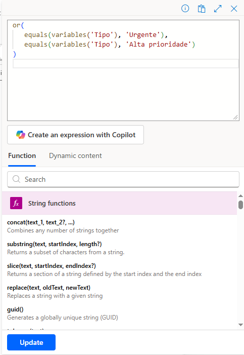 Fluxo do power automate com expressão Or — Exemplo com or() (imagem 1 de 3)