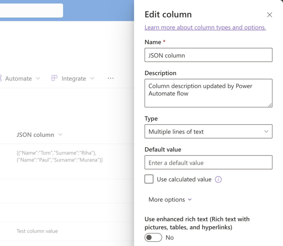 Como armazenar e carregar JSON no Power Apps — Configurações de coluna do SharePoint