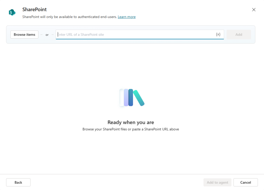 Tela do Copilot Studio para adicionar SharePoint como fonte de conhecimento, com campo para inserir a URL de um site SharePoint.
