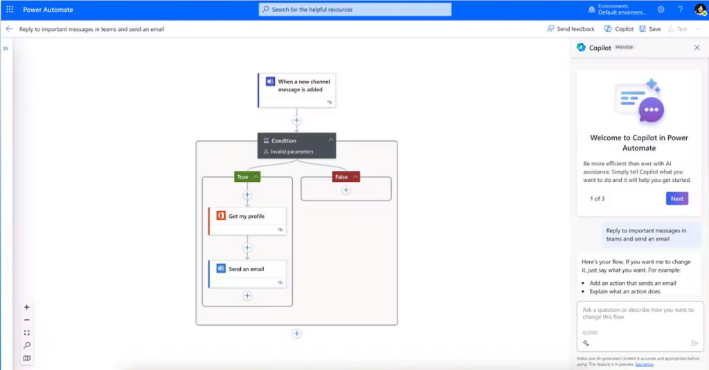 Fluxo Power Automate com CoPilot