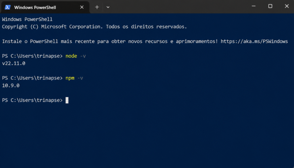 Terminal Windows PowerShell executando os comandos node -v e npm -v para validar se Node.js e npm estão instalados.