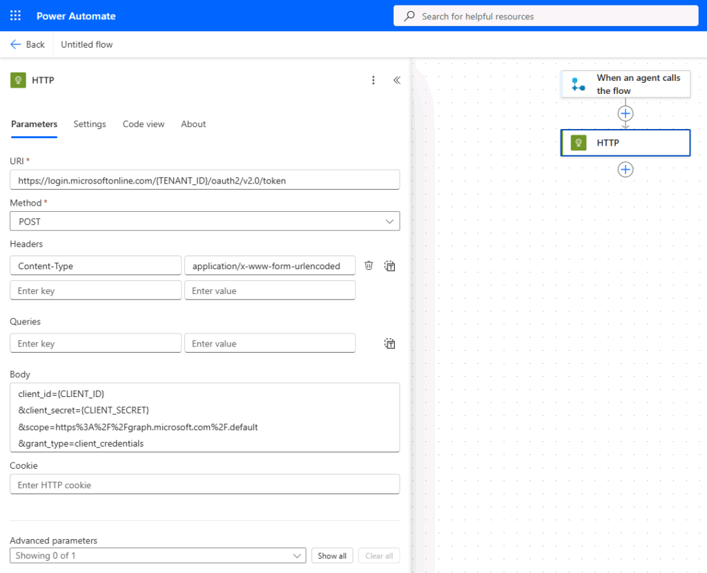 Power Automate Action HTTP — 3. Obtendo o token OAuth 2.0 (Client Credentials) (imagem 1 de 4)