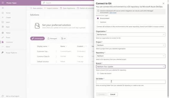 Interface do Power Apps exibindo a tela de “Solutions” com painel lateral “Connect to Git”, onde é possível configurar organização, projeto, repositório, branch e pasta Git para integração com Azure DevOps.