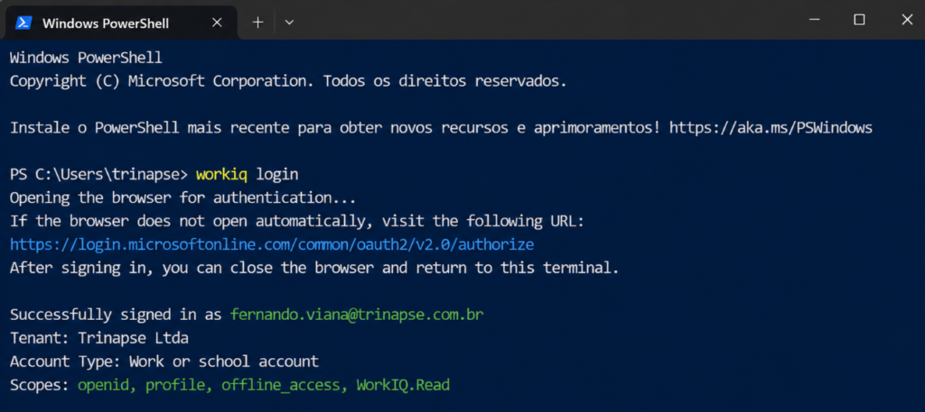Terminal Windows PowerShell realizando login no Work IQ CLI e confirmando autenticação com conta corporativa Microsoft 365.