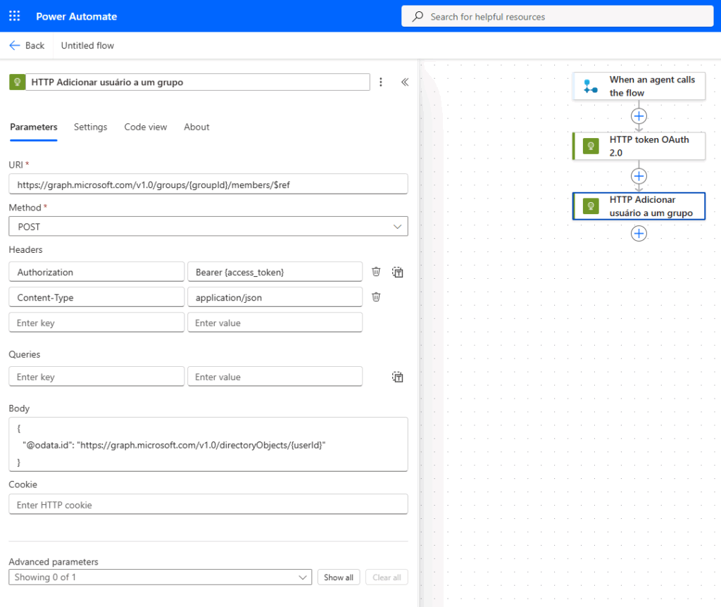 Power Automate Action HTTP — Exemplo 2: Adicionar usuário a um grupo (imagem 3 de 4)