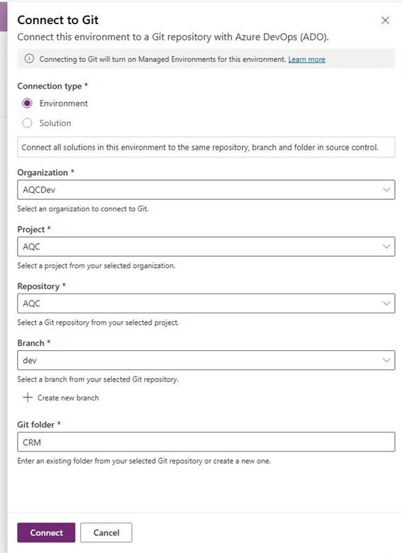 Tela “Connect to Git” do Power Apps detalhando configuração de conexão com Azure DevOps, incluindo tipo de conexão (Environment), organização AQCDev, projeto AQC, repositório AQC, branch dev e pasta Git CRM.