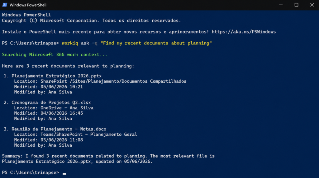 Terminal Windows PowerShell executando uma consulta no Work IQ CLI para localizar documentos recentes relacionados a planejamento.