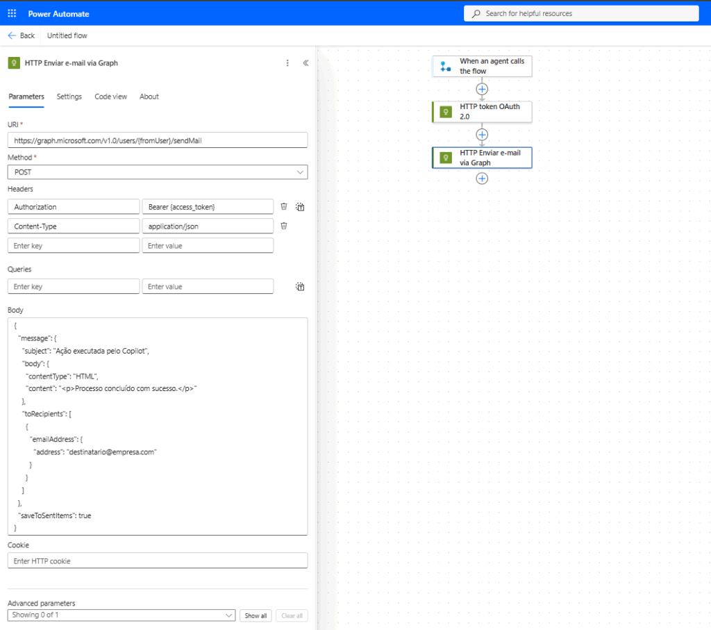 Power Automate Action HTTP — Exemplo 3: Enviar e-mail via Graph (Application Permission) (imagem 4 de 4)