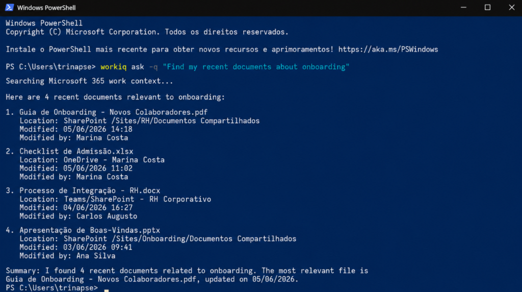 Terminal Windows PowerShell usando o Work IQ CLI para buscar documentos recentes sobre onboarding no Microsoft 365.